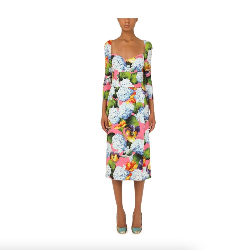 Dolce & Gabbana Hydrangea Print Long Sleeve Cady Midi Dress - NEW WITH TAGS